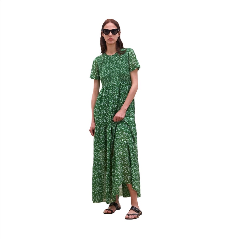 ZARA Green ruched ditsy floral tiered maxi dress